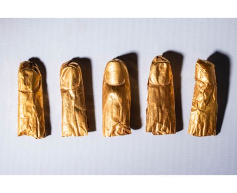 Late Period, Ca. 664 - 332 BC.
A set of gold finger covers for a mummy. Made from hammered gold with a hollow body and detail