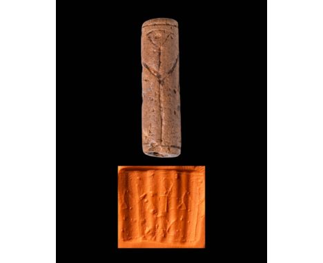 Early Dynastic Period, Ca. 3150 - 2686 BC.
A steatite cylindrical stamp seal carved with an intriguing scene incised across t