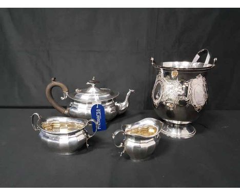 LOT OF SILVER PLATED ITEMS including tea service, ice bucket, cased cutlery, knife rests etc.