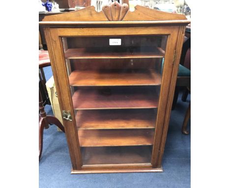 MAHOGANY HANGING CUPBOARD, CAKE STAND AND A PIE CRUST EDGED TRIPOD TABLE