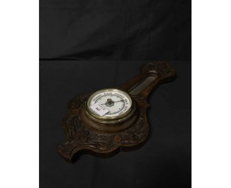 OAK CASED BAROMETER also trinket box, brass iron and a pottery vase (4)