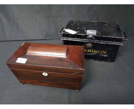 MAHOGANY TEA CADDY along with a cast aluminium deed box