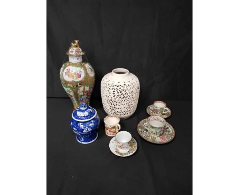 LATE 19TH CENTURY CHINESE FAMILLE ROSE LIDDED VASE along with a blue and white ginger jar, blanc de chine vase and various fa