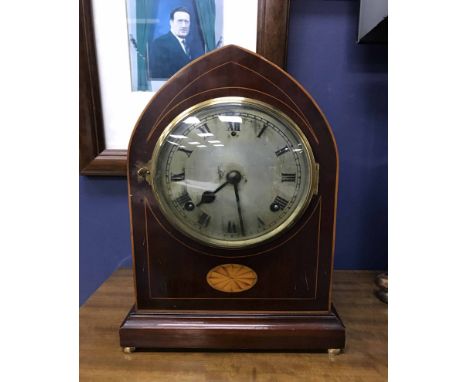 MAHOGANY INLAID GINGERBREAD CLOCKtogether with a mahogany mantle clock