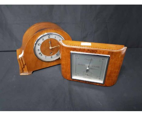 WALNUT MANTLE CLOCK AND A WALNUT BAROMETER 