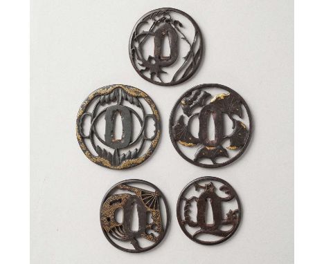 FIVE JAPANESE IRON TSUBA EDO/MEIJI, 18TH/19TH CENTURY  One signed Esshu Morinao, 8.3cm max. (5)  WITHOUT RESERVE   All decora