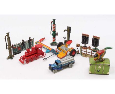 One tray containing a quantity of vintage and reproduction tin plate railway accessories, penny toys and similar, including a