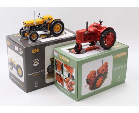 A Universal Hobbies 1/16 scale model tractor group, to include a No. UH2822 Massey Ferguson MF 135 Industrial Tractor, and No
