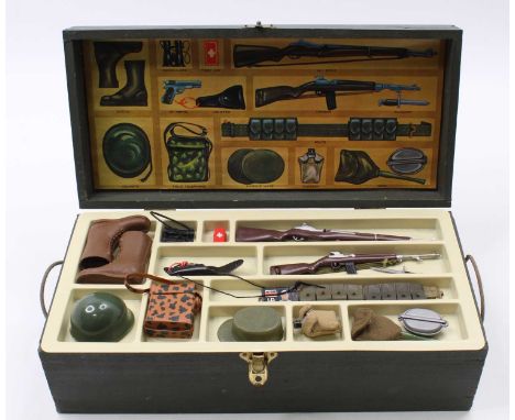 A vintage Palitoy Action Man Locker Kit box with original plastic tray insert, and a large quantity of accessories including 
