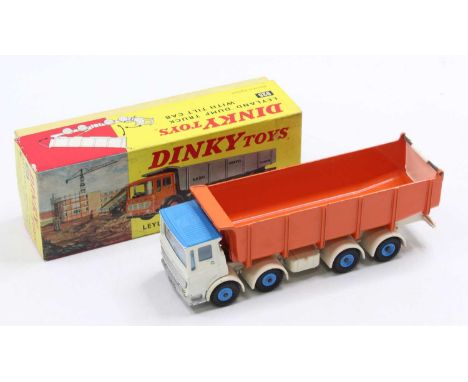 Dinky Toys No. 925 Leyland Sand Ballast Gravel dump truck with tilt cab, comprising white and blue cab with white chassis, li