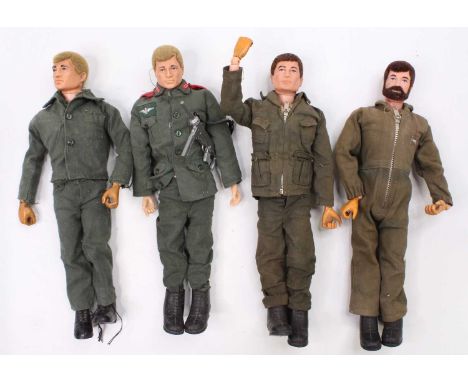 A collection of 4 vintage Palitoy Action Man Dolls, with flock hair, all dressed in various military uniform