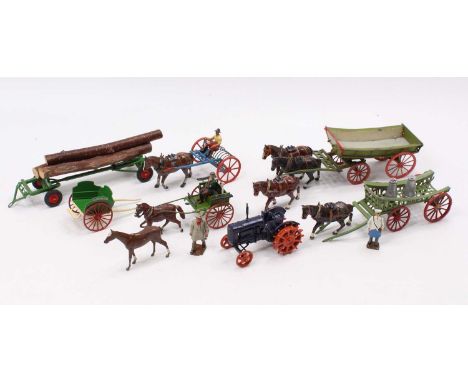 One tray containing a collection of mixed Britains and Charbens lead hollow cast farming miniatures to include a Britains hor