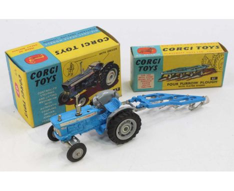 Corgi Toys farming group of 2 comprising No. 67 Ford 5000 Super Major Tractor, blue and grey body with grey plastic hubs, jew