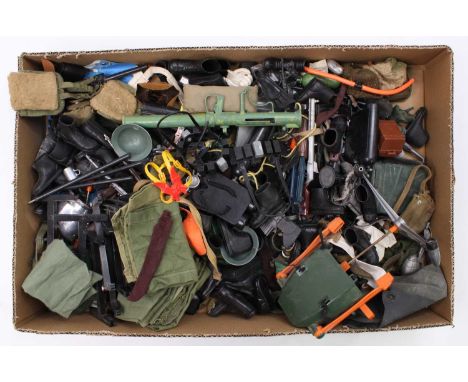 A tray containing a selection of vintage Palitoy Action Man spares &amp; accessories, including various guns, rifles, footwea