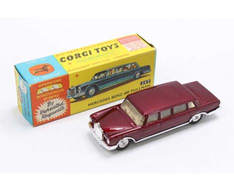 Corgi Toys No. 247 Mercedes Benz 600 Pullman comprising of a metallic dark red body with cream interior and spun hubs housed 