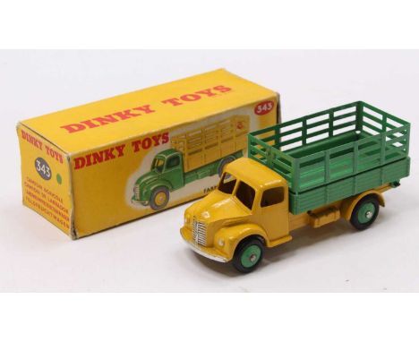 Dinky Toys No. 343 Farm Produce Wagon, yellow cab and chassis, green back and matching hubs, housed in the original call card