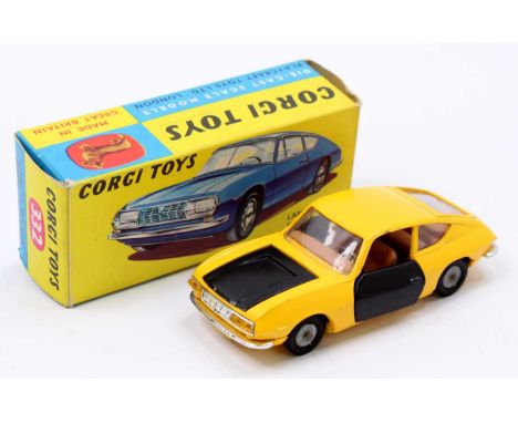 Corgi Toys No. 332 Lancia Zagato Fulvia, yellow body with black bonnet and black doors, brown interior, in the original blue 