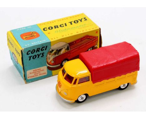 Corgi Toys No. 431 Volkswagen pick-up, yellow body, with a red interior, silver trim, and red VW badge, with red plastic tilt