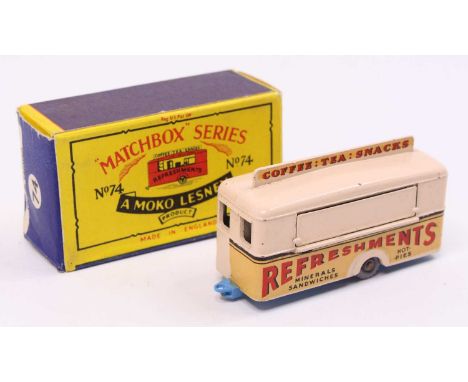 Matchbox Lesney No. 74 Mobile Refreshments Canteen, very pale pink body, with a light blue base, grey plastic wheels, and 're