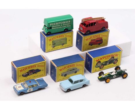 Matchbox Lesney boxed model group of 5 comprising No. 46 Pickfords Removals Van, No. 55 Ford Fairlane Police Car, No. 7 Ford 