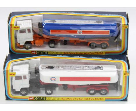 Corgi Major Toys Petrol Tanker group, 2 examples comprising No. 1157 ESSO Petrol Tanker with Ford Tilt Cab, in white, red &am