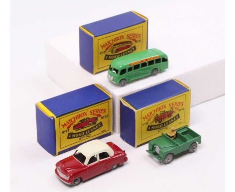 Matchbox Lesney boxed model group of 3 comprising No. 12 Land Rover series 1, No. 21 Bedford Coach - some decal loss, and No.