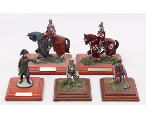 A collection of five various white metal 54mm scale and hand painted military figures, all raised on wooden plinths to includ