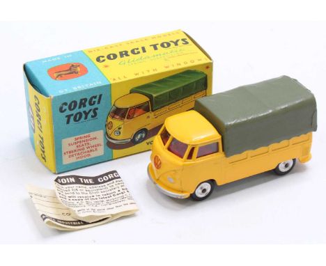 Corgi Toys No. 431 Volkswagen pick-up, yellow body, with a red interior, silver trim, and red VW badge, with green plastic ti