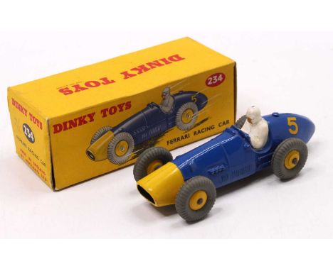 Dinky Toys No. 234 Ferrari Racing Car, blue body with yellow nose cone, yellow racing number 5 with yellow cast hubs, mottled