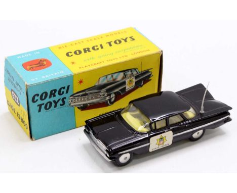 Corgi Toys No. 223 Chevrolet State Patrol Police car, comprising of black body with State Patrol stickers, fitted with a yell