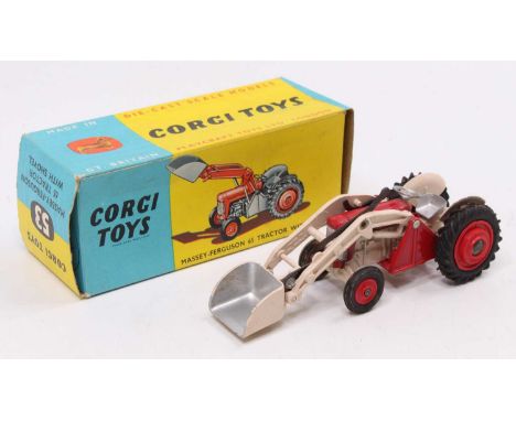 Corgi Toys, 53 Massey Ferguson 65 tractor with shovel, bright red bonnet, grey plastic steering wheel, red metal hubs, silver