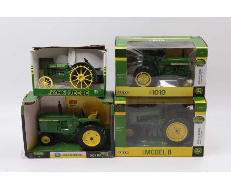 ERTL 1/16th scale boxed group of John Deere Tractors comprising a 1950 Model B, a 1960 1010 Tractor, a 3020, and a 'BO' Tract