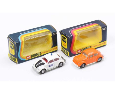 Corgi Toys Whizzwheels Volkswagen 1200 Beetle group, 2 examples comprising No. 383, orange body with cream interior, with whi