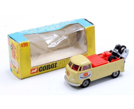 Corgi Toys No. 490 Volkswagen Transporter Breakdown Truck comprising an avocado green body with "Breakdown" Corgi door labels