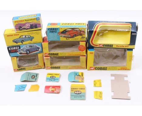 Corgi, Dinky, and Matchbox Toys empty box group, with specific examples including a Corgi Toys No. 409 Mercedes Unimog Dumper