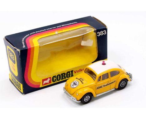 Corgi Toys No. 373/383 Volkswagen 1200 Saloon (Beetle), yellow body, with a white roof with red roof light, tan interior, and