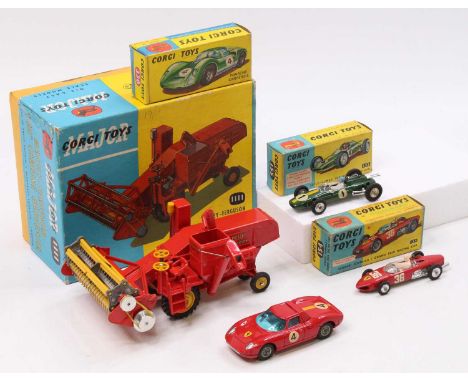 A mixed collection of Corgi Toys comprising No. 1111 Massey Ferguson 780 Combine Harvester, red body with yellow tines, yello