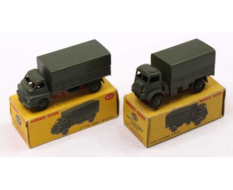 Dinky Toys boxed military group, 2 examples comprising No. 621 3 Ton Army Wagon (VG-BVG), and No. 623 Army Covered Wagon, one