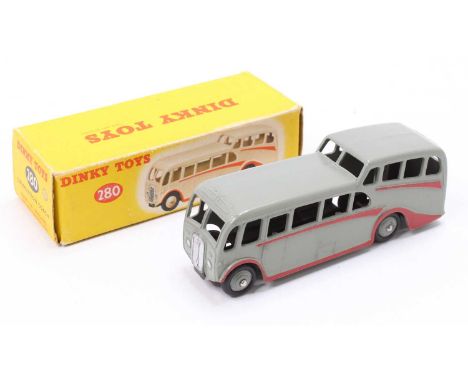 Dinky Toys No. 280 Observation Coach, dark grey body &amp; wheel hubs, with red flashes, sold in the original all card box (N