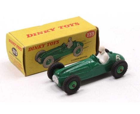 Dinky Toys No. 233 Cooper Bristol Racing Car, green body with green hubs, racing number 6 in white, with driver in white slig
