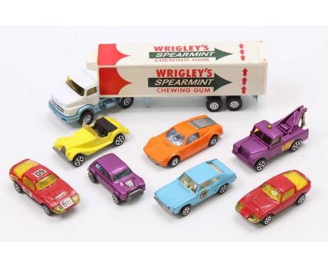 A small collection of Corgi Juniors diecasts comprising a 'Wrigley's' promotional issue Mercedes Benz Truck with box trailer,