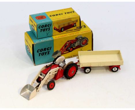 Corgi Toys boxed farming group, 2 models comprising No. 53 Massey Ferguson 65 Tractor with shovel, bright red bonnet, metal s