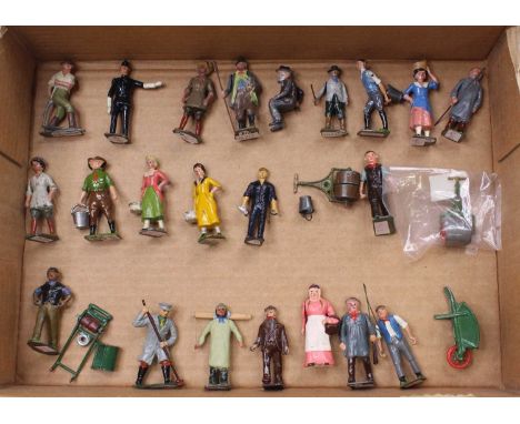 Tray containing a collection of Britains and similar lead hollowcast Britains and similar figures to include Man with wheel b
