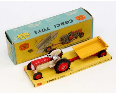 Corgi Toys Gift Set 7 Massey Ferguson 65 Tractor and Tipping Trailer, tractor in red and white, with red plastic hubs, traile