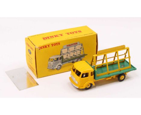 French Dinky Toys, 33-C Simica Glaziers truck, yellow cab and chassis with yellow hubs, green back, with mirror only, small m