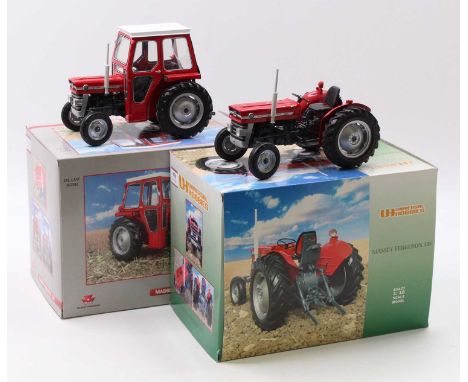 A Universal Hobbies 1/16 scale model tractor group, to include a No. MUH2697 Massey Ferguson 135 Tractor with cab, and No. UH