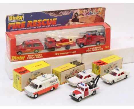 Dinky Toys Emergency Services vehicle group comprising No. 287 Ford Transit Police Accident Unit, 2x No. 255 Ford Zodiac Poli