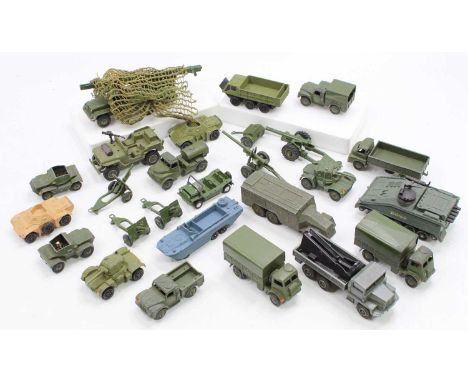 A tray containing a collection of play-worn Dinky Toys Military vehicles, with examples including No. 643 Army Water Tanker, 