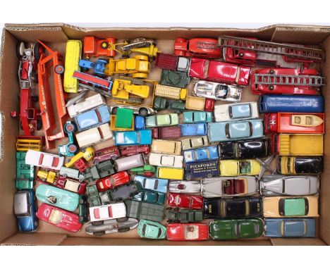 One tray containing a collection of mixed playworn Dinky Toy, Corgi Toy and Matchbox diecast vehicles to include a Trophy Mod