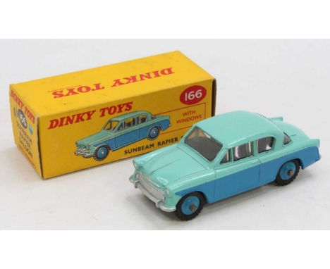 A Dinky Toys No. 166 Sunbeam Rapier saloon comprising of two-tone blue body with dark blue Supertoys hubs housed in the origi